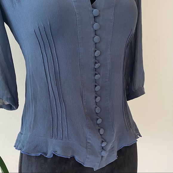 CUE Vintage 100% Silk Blue Collared Blouse with buttons Formal Classic Size 8 - Picture 13 of 13